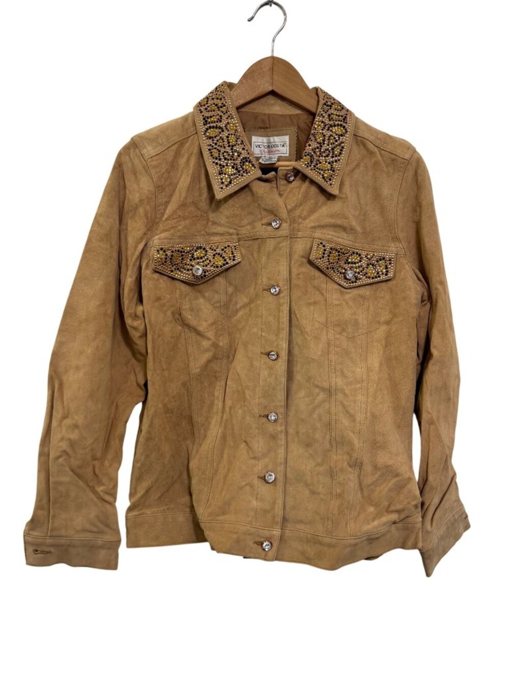 Victor Costa Occasion Genuine Leather Embellished Jacket Small Beige Women